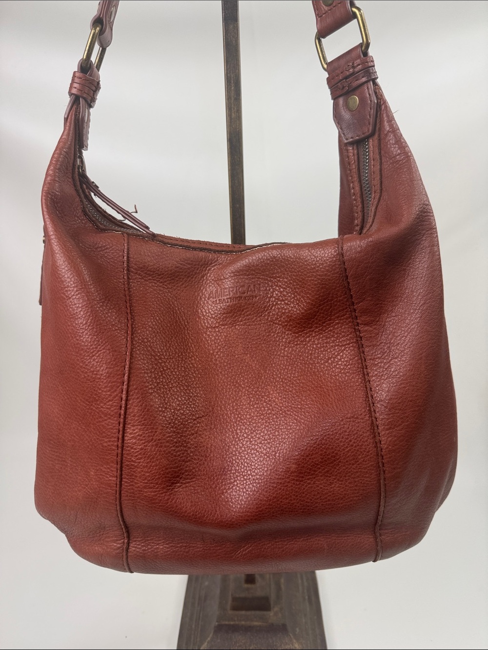 American Leather Co Vintage-Inspired Cognac Brown Leather Shoulder Hobo Bag Zip